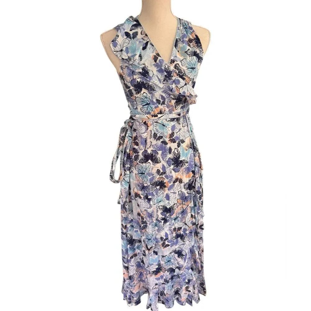 Poupette St Barth Gwen Wrapped Blue Mariposa Butterfly Flutter Maxi Dress S